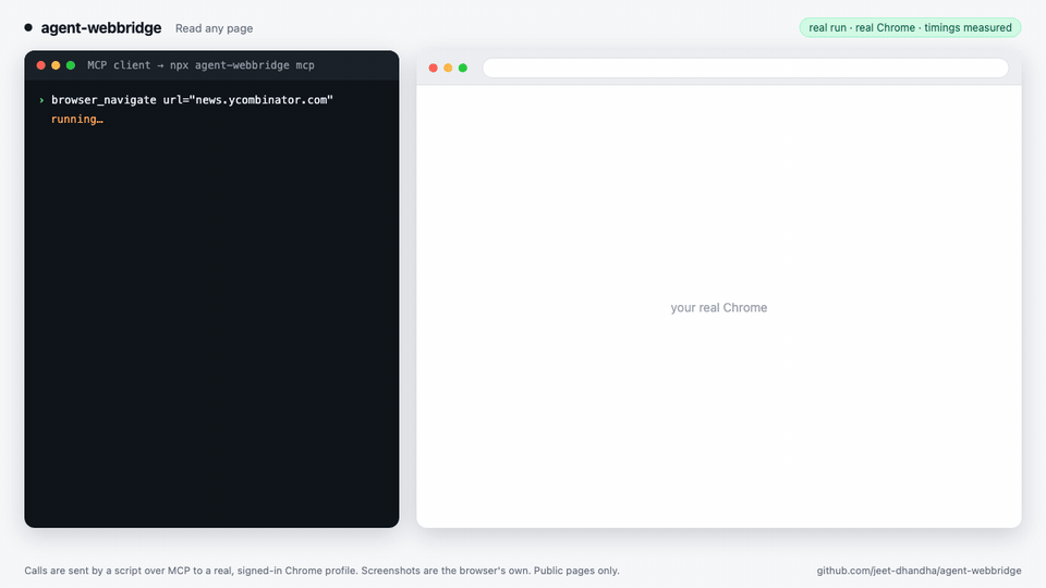 Real demo: agent-webbridge taking accessibility snapshot and evaluating JavaScript on Hacker News
